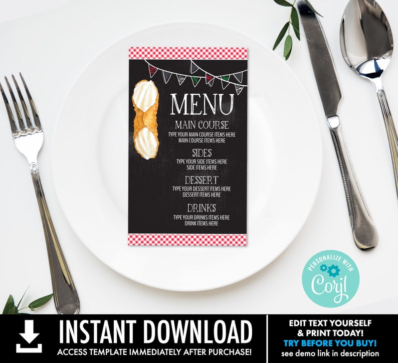 Holy Cannoli Menu Card, Italian Party, 3x5 Menu Card Self-Edit with CORJL INSTANT DOWNLOAD Printable image 1