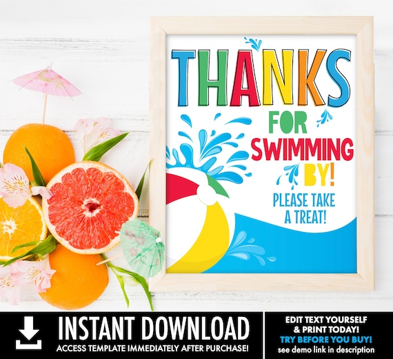 Pool Party Thank You Sign - 8x10 Sign Summer Party, Beach Party, Personalized Sign | Self-Edit with CORJL - INSTANT DOWNLOAD Printable