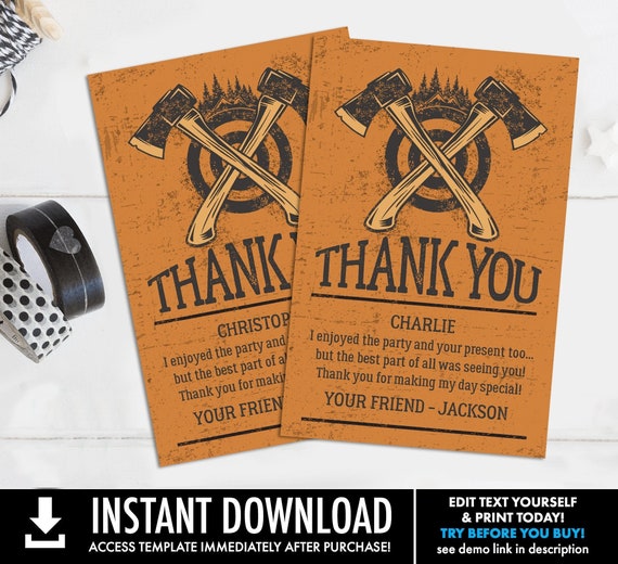 Axe Throwing Thank You Card–Bad Axe Birthday Thank You Card, Lumberjack Thank You | You Personalize using CORJL–INSTANT DOWNLOAD Printable