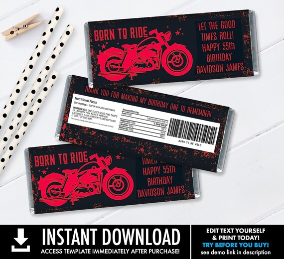 Motorcycle Candy Bar Wrapper/Label - Motorcycle Party Favor, Motorcycle Theme | Self-Edit with CORJL - INSTANT DOWNLOAD Printable