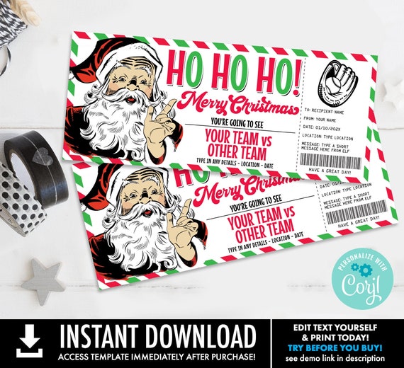 Christmas Baseball Ticket Gift Certificate, Baseball Game Ticket Gift Voucher,Retro Santa | Self-Edit with CORJL-INSTANT DOWNLOAD Printable