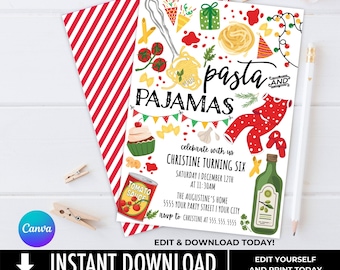 Pasta and Pajamas Birthday Invitation, Birthday Pasta & Pajama Party Invite, Meatball Birthday | Edit template with CANVA–INSTANT DOWNLOAD