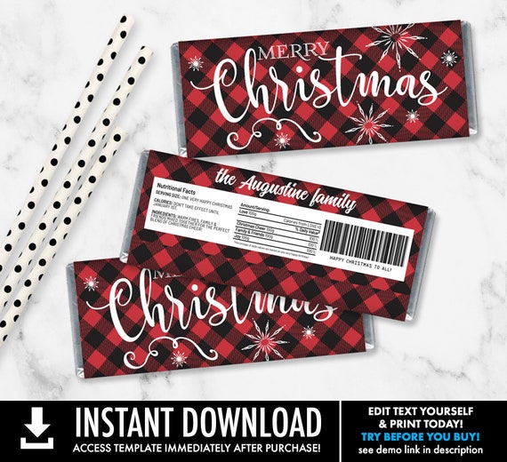 Merry Christmas Candy Bar Label/Wrapper, Christmas Party, Candy Bar Party Favor | Self-Edit with CORJL - INSTANT Download Printable