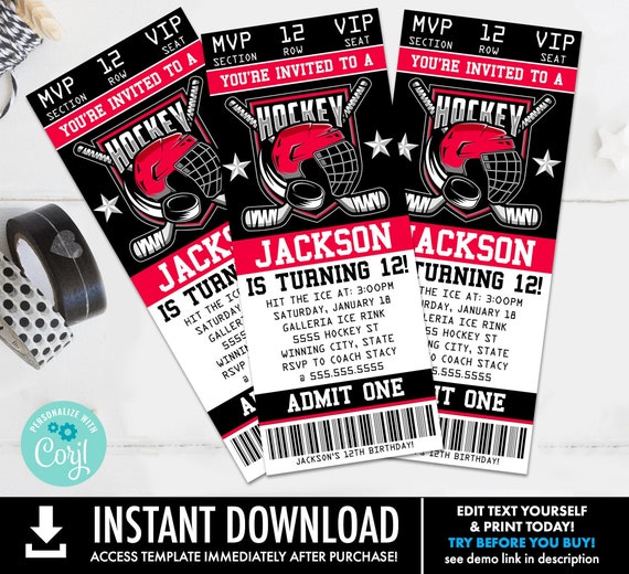 Hockey Ticket Invitation - Hockey Birthday Party, Barnburner Birthday | Self-Edit with CORJL - INSTANT DOWNLOAD Printable Template