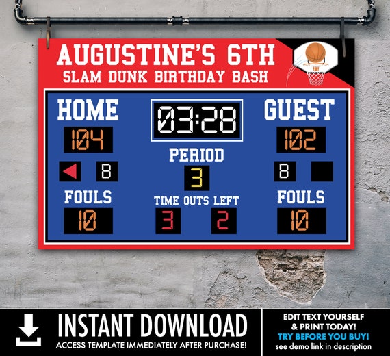 Basketball Scoreboard Printable 48"x36" Poster - Scoreboard Sign, Basketball Birthday | Personalize using CORJL - INSTANT DOWNLOAD