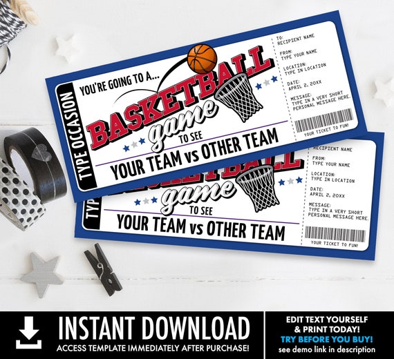 Basketball Ticket Gift Editable Template - Surprise Basketball Game Ticket, Any Occasion | Self-Edit with CORJL - INSTANT DOWNLOAD Printable