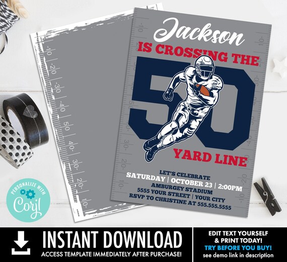50th Football Party Invitation - Crossing the 50 Yard Line,50th Birthday,Tailgate Invite | Self-Edit with CORJL - INSTANT DOWNLOAD Printable