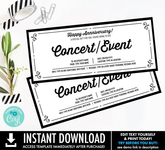 Concert/Event Anniversary Gift,Surprise Ticket Reveal,Concert Ticket,Ticket Voucher | Personalize using CORJL–INSTANT DOWNLOAD Printable