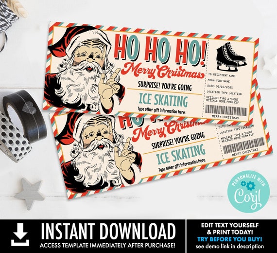 Santa Ice Skating Gift Voucher,Santa Gift Certificate,Printable Gift,Nice List | Self-Edit with CORJL-INSTANT Download Printable