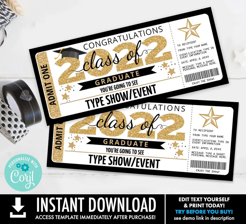 Graduation Concert/Event Editable Template Surprise Ticket, Trip Gift, Fake Ticket Personalize using CORJL INSTANT DOWNLOAD Printable image 3