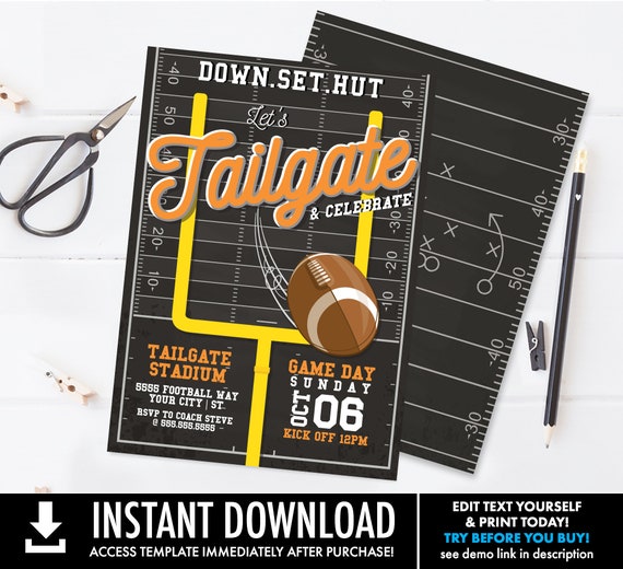 Tailgate Football Party Invitation - Football Invitation, Game Day Invite | Self-Edit with CORJL - INSTANT DOWNLOAD Printable Template