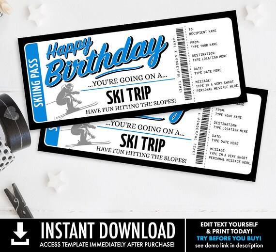Birthday Ski Trip Surprise Ticket Gift Voucher, Skiing Vacation