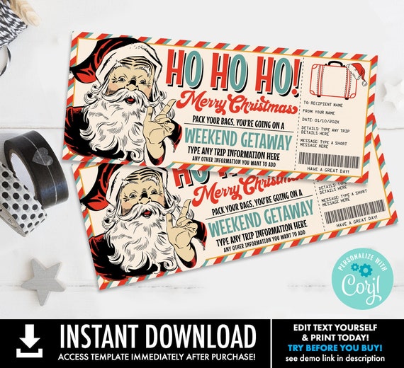 Christmas Weekend Getaway Gift Voucher-Retro Santa Gift Certificate | Self-Edit with CORJL-INSTANT Download Printable