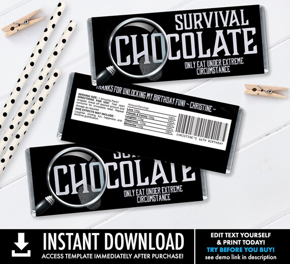 Escape Room Candy Bar Label/Wrapper, Mystery Party, Candy Party Favor Label | Self-Editing with CORJL - INSTANT Download Printable Il_570xn