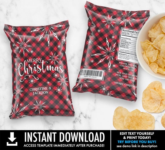 Christmas Chip Bag Label / Wrap - Merry Christmas, Christmas Party Favor | Self-Edit with CORJL - INSTANT DOWNLOAD Printable