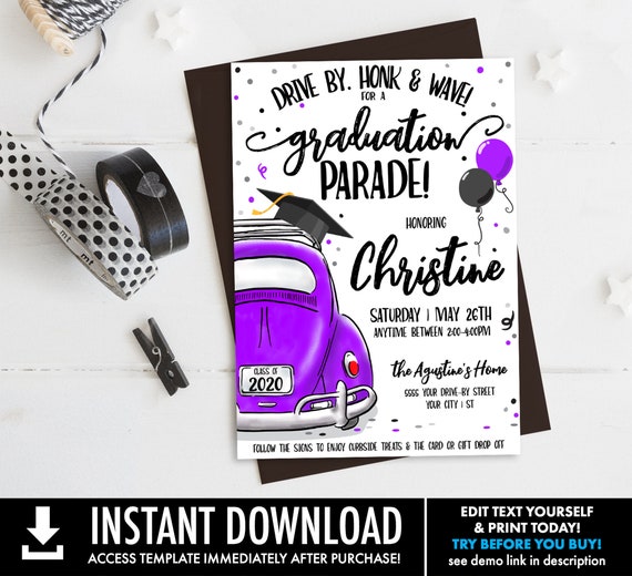 Drive By Graduation Invitation-Drive By Parade,Quarantine,Social Distancing | Self-Edit with CORJL - INSTANT DOWNLOAD Printable Template Il_570xn