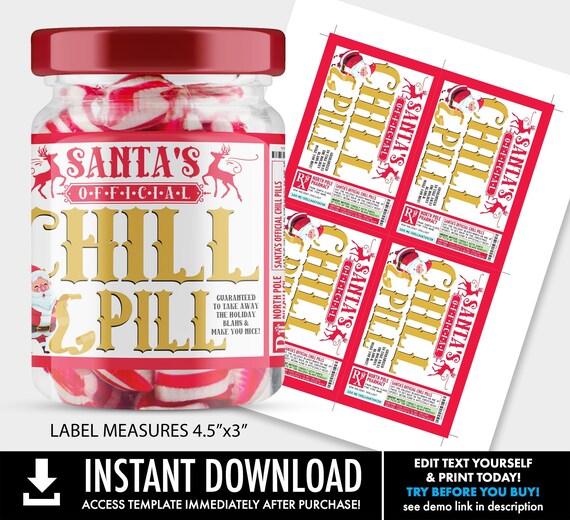 Santa's Chill Pill Label 4.5"x3" Sticker,Holiday Blahs,Christmas Party,Santa's Nice List | Self-Edit with CORJL - INSTANT Download Printable