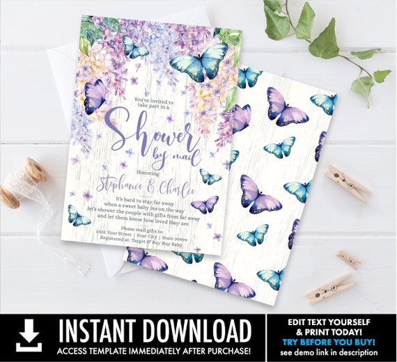 Butterfly Baby Shower by Mail Invitation – Long Distance Shower,Butterfly Shower Invite | Self-Editing with CORJL–INSTANT DOWNLOAD Printable Il_570xn