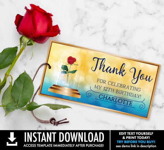 Beauty & the Beast Favor Tag - Belle Birthday, Thank You Tag, Gift Tag | Self-Edit Text with CORJL - INSTANT Download Printable