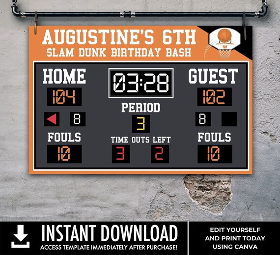 Basketball Scoreboard Printable 48"x36"  Poster, Scoreboard Sign, Basketball Birthday | Edit Text using CANVA–INSTANT DOWNLOAD Printable
