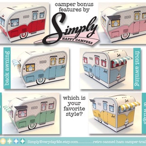 1950s RV Camper Trailer box, Caravan Box, cupcake box, gift card box, BLUE camper favor box Instant Download D.I.Y. Printable PDF Kit image 3