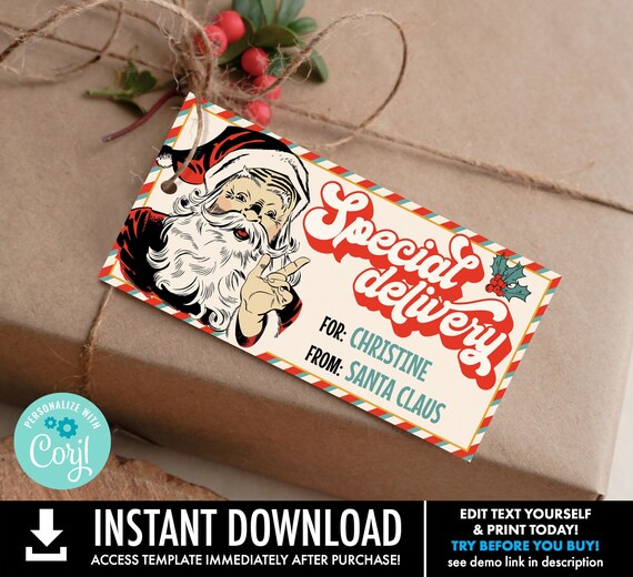Retro Santa Special Delivery Tag, Gift From Santa,Christmas Gift Tag,Homemade Treat Tag | Personalize using CORJL–INSTANT DOWNLOAD Printable