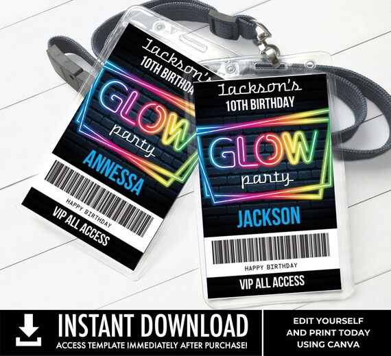 Neon Glow Party VIP Badge, Neon Glow Theme, Glow Party All Access Pass | Edit with CANVA - INSTANT Download Printable Template