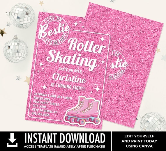 Barb Doll Themed Roller Skating Invitation, Sparkel Girl Invite, Roller Skating Birthday Party | Edit using CANVA–INSTANT Download