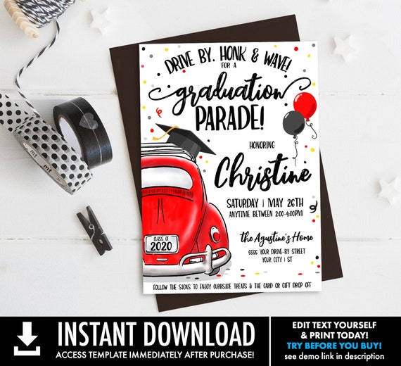 Drive By Graduation Invitation-Drive By Parade,Quarantine,Social Distancing | Self-Edit with CORJL - INSTANT DOWNLOAD Printable Template Il_570xn