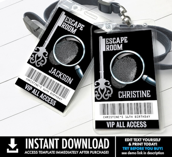 Escape Room VIP Badge, Escape Room Party, Escape Room Mystery ID Pass | Self-Edit with CORJL - Instant Download Printable Template SEM100_2