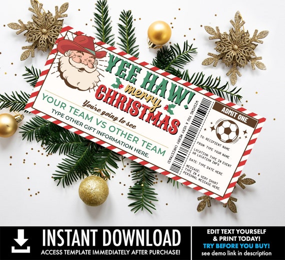 Christmas Soccer Ticket Gift Certificate, Soccer Game Ticket Gift Voucher,RetroSanta | Self-Edit with CORJL-INSTANT DOWNLOAD Printable