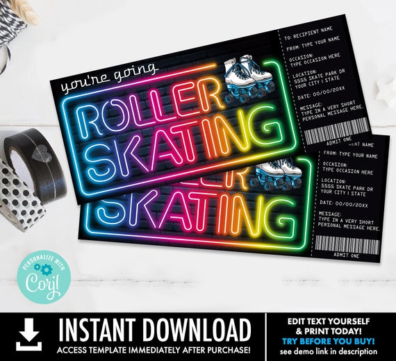 Roller Skating Gift Voucher Gift Certificate Gift Ticket Etsy