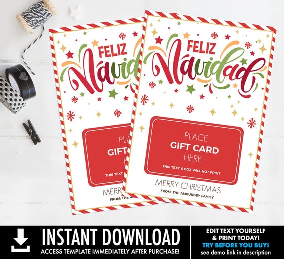 Feliz Navidad Gift Card Holder, Last Minute Feliz Navidad Gift for Family, Teacher, Thank You, Friend | Edit using CORJL-INSTANT DOWNLOAD