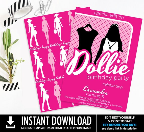 Barb Doll Themed Birthday Hot Pink Invitation, Dollie Party Invite, Pink Doll Birthday Invite | You Personalize using Corjl–INSTANT Download