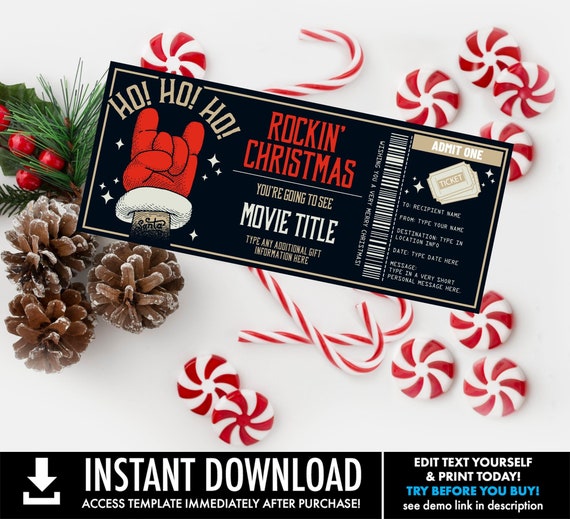 Rockin Christmas Movie Tickets, Movie Ticket, Movie Night Gift Voucher, Family Night | You Personalize with CORJL-INSTANT DOWNLOAD Printable