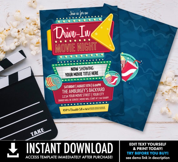 Drive-In Movie Night Invitation - Backyard Movie Night, Outdoor Movie, Retro Movie Night | Self-Edit with CORJL - INSTANT DOWNLOAD Printable