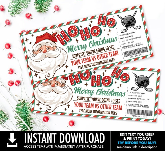 Hockey Ticket Christmas Gift - Surprise Game Ticket, Gift Certificate, Gift Voucher | Self-Edit with CORJL - INSTANT DOWNLOAD Printable