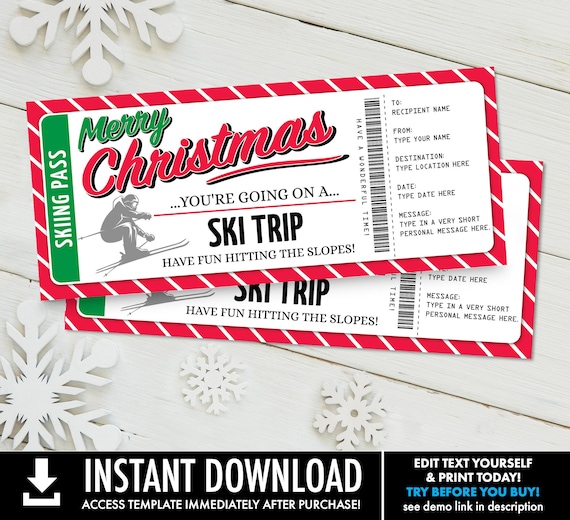 Christmas Ski Trip Ticket Gift Voucher, Skiing holiday Vacation | Self ...