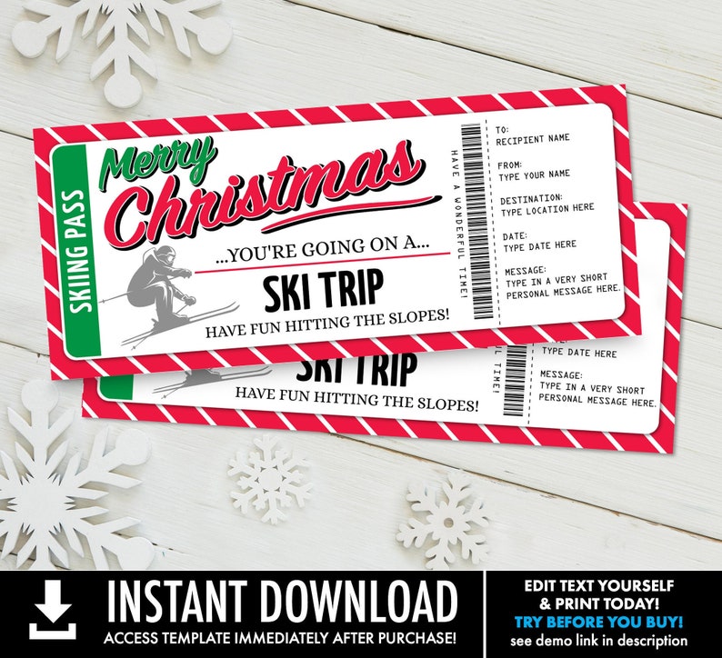 Christmas Ski Trip Ticket Gift Voucher, Skiing holiday Vacation Self-Edit with CORJL INSTANT DOWNLOAD Printable image 1