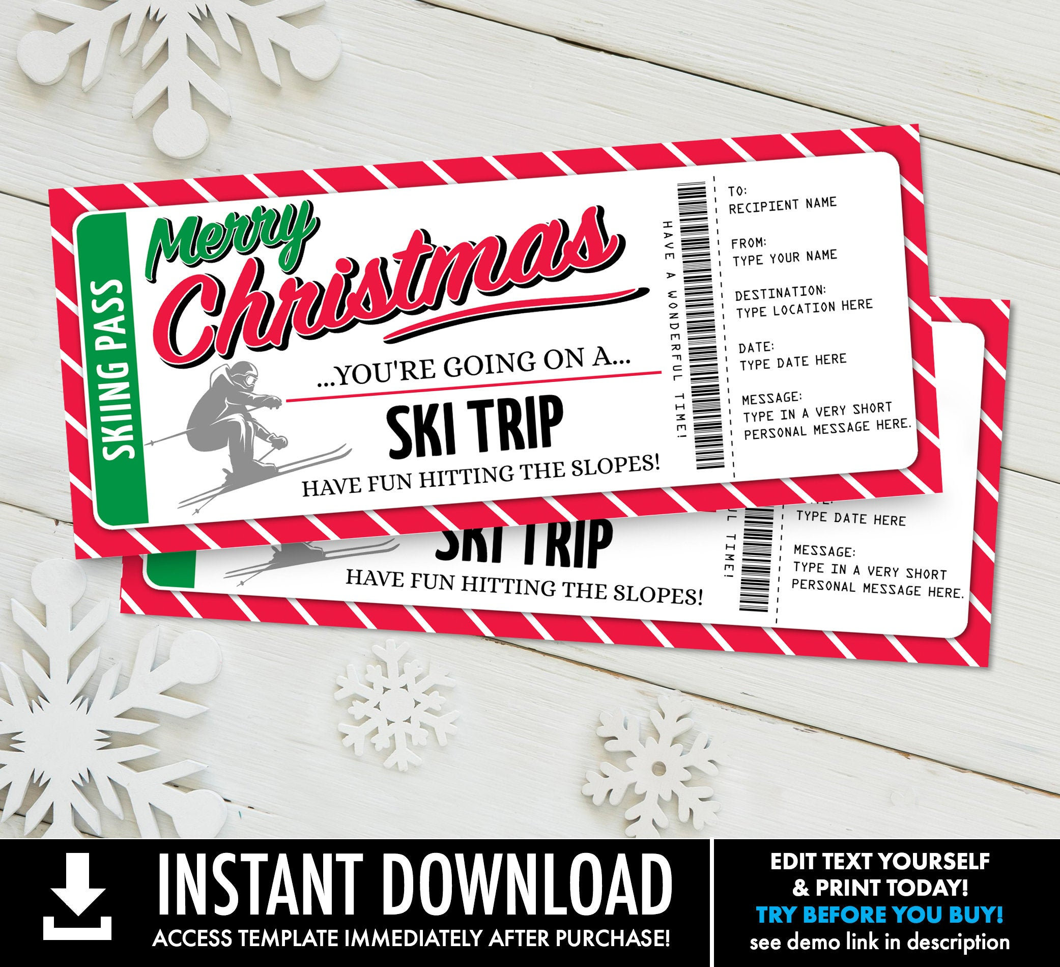 Christmas Ski Trip Ticket Gift Voucher Skiing holiday Etsy