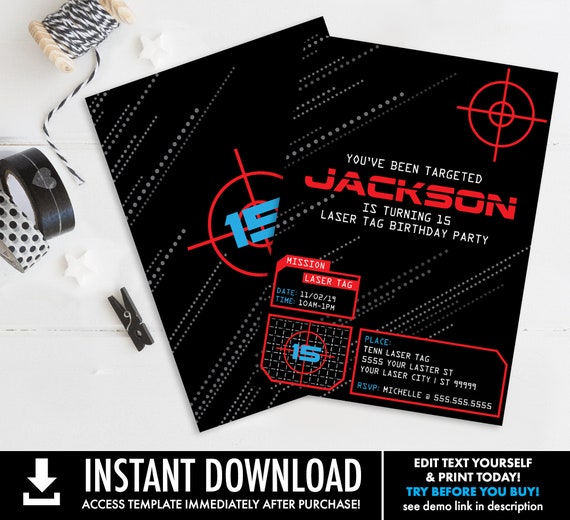 Laser Tag Invitation, Laser Tag Birthday, Laser Tag Party Invite| Self-Editing with CORJL - INSTANT DOWNLOAD Printable Template