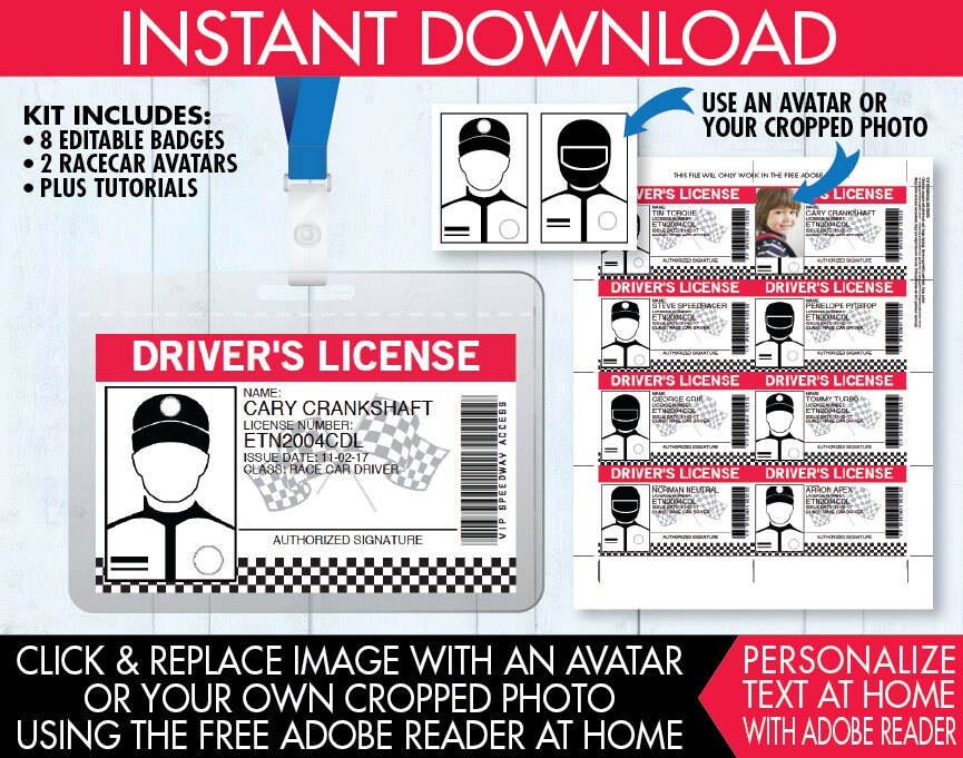 Race Car Driver's License Race Car ID Badges Race Car Etsy
