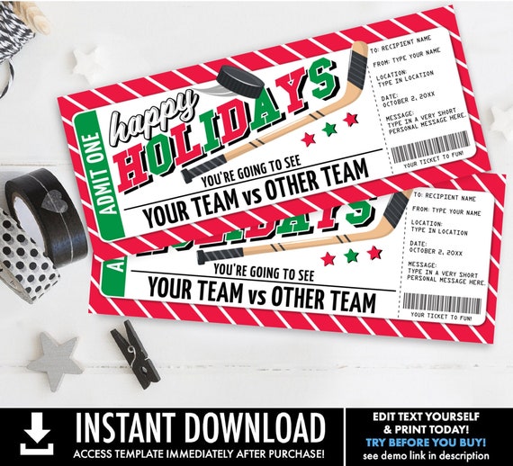 Hockey Ticket Voucher Holiday Gift - Surprise Game Ticket, Gift Voucher, Happy Holidays | Self-Edit with CORJL - INSTANT DOWNLOAD Printable