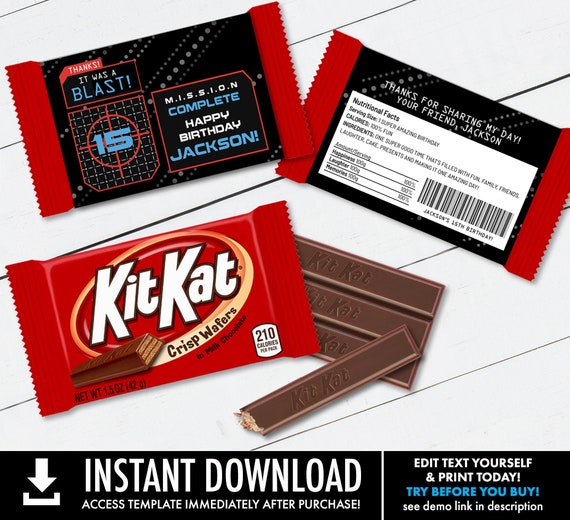 Laser Tag Candy Wrap/Label, Kit Kat Candy Bar Label/Wrapper, Laser Tag Birthday | Self-Edit with CORJL - INSTANT DOWNLOAD Printable Il_570xn