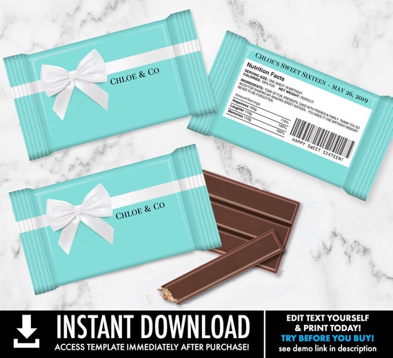 Sweet Sixteen Wafer Chocolate Candy Bar Label/Wrap - Birthday Party Favor, Turquoise Favor | Edit using CORJL - INSTANT Download Printable