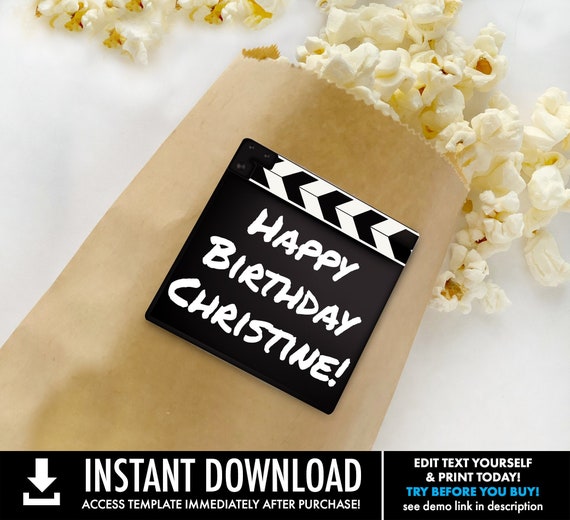 Movie Party 2" Square Sticker or Topper - Movie Clapper, Movie Night Birthday | Self-Editing with CORJL - INSTANT DOWNLOAD Printable Il_570xn