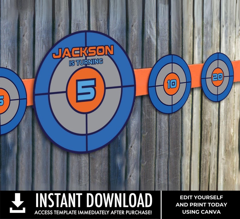 May include: Printable birthday party decorations featuring a target design with blue, orange and grey colours. The target has the number 5 in the centre and the text "JACKSON IS TURNING".
