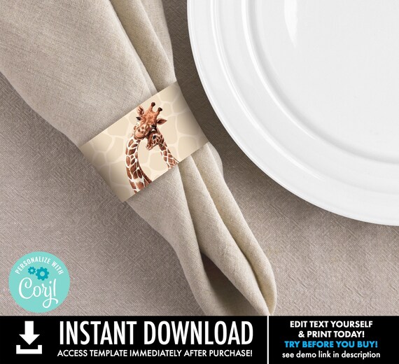 Giraffe Baby Shower Napkin Wrap  | Self-Edit with CORJL - Instant DOWNLOAD Printable