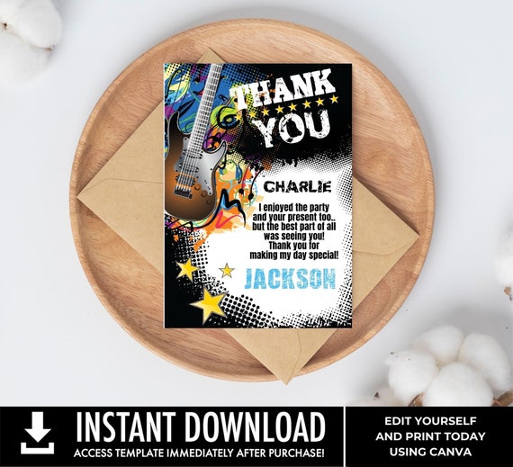 Rock Star Party Thank You Cards - Thank You, Birthday Party, Rockstar Party | Personalize using CANVA - INSTANT Download Printable template