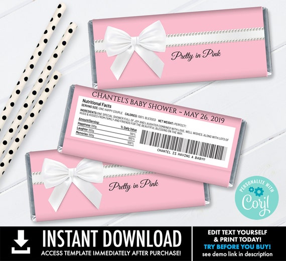 Baby Shower Pretty in Pink Candy Bar Label/Wrapper,Baby Shower Favor,Shower Favor | You Personalize using CORJL - INSTANT DOWNLOAD Printable